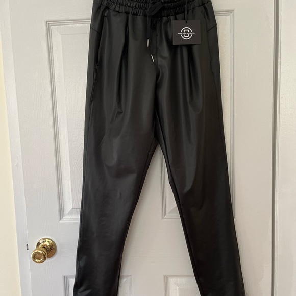 Casual Joggers black shiny stretch fabric high waisted drawstring size S - Picture 2 of 10